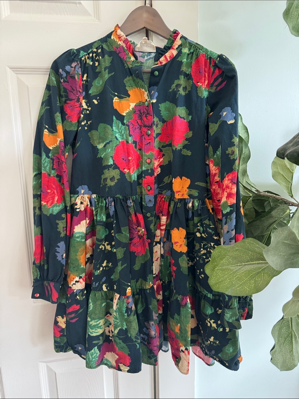 Sezane Dark Navy Floral Tiered Button-Front Long-Sleeve Dress